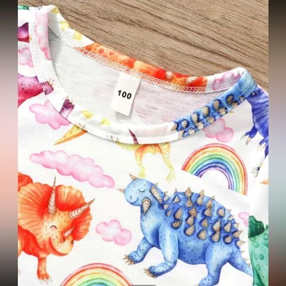 Girls T-Shirts Colorful Dinosaurs Graphic Tees Casual Fit Summer Tops red - Picture 3 of 8